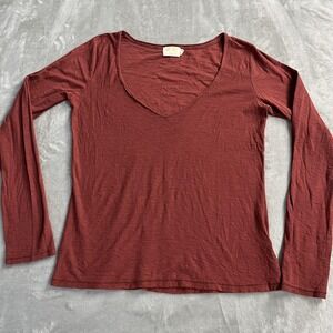 Nation LTD Shirt Womens Medium Red Pima Cotton V Neck Long Sleeve Top Essential